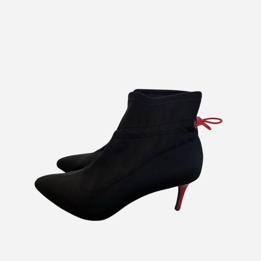 Buffalo London Women's Black Sock Ankle Boots Size 8 Pointed Toe Red Heel Bootie
